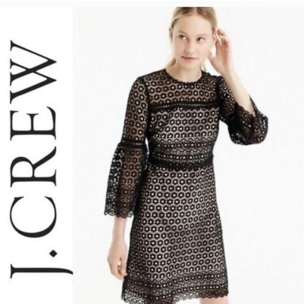 J. Crew Black Lace Long Bell Sleeve Dress Size 00 NWT
